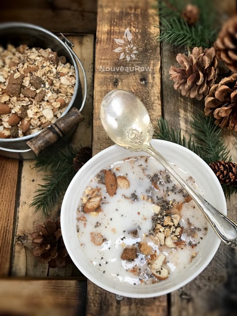 Apricot Almond Chia Muesli served in a bowl with milk