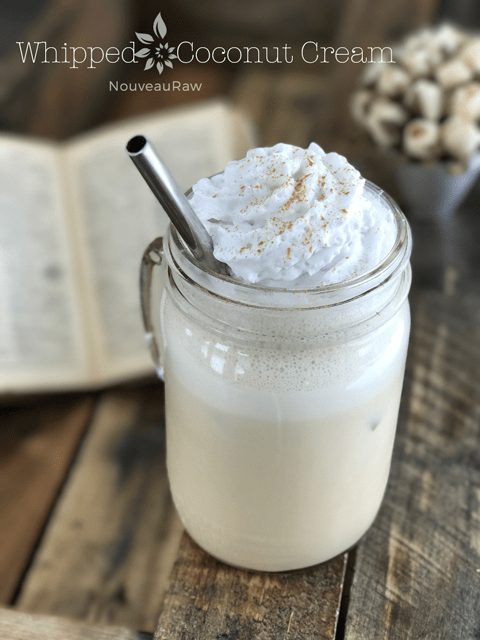 vegan Whipped Cream served in a mason jar with a stainless steel straw