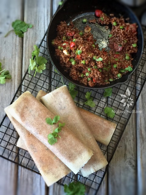 over view of the Spanish Quinoa and Refried "Bean" Burrito