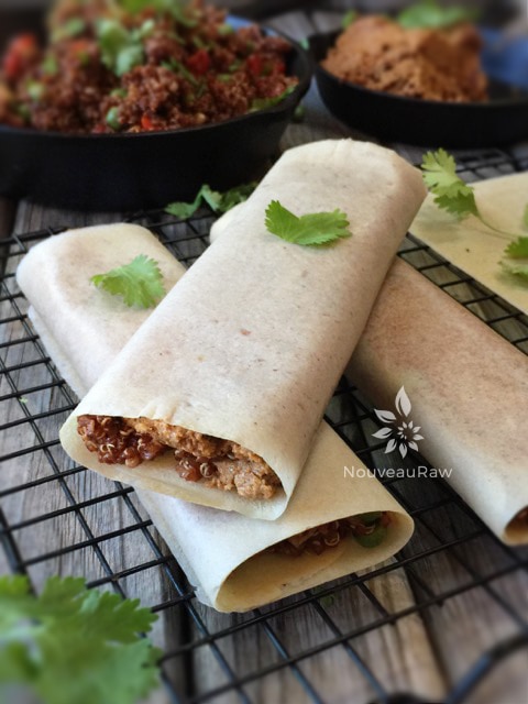 Spanish Quinoa and Refried "Bean" Burrito rolled up