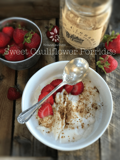 vegan grain-free Sweet Cauliflower Porridge served with fresh strawberries
