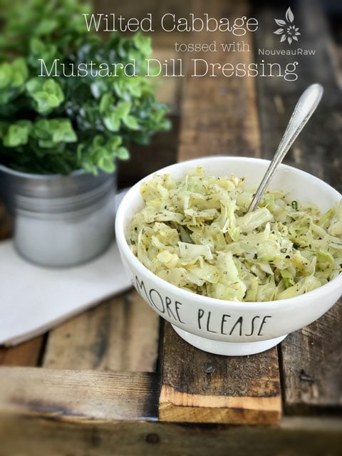 raw vegan wilted cabbage with mustard dill dressing in a Raw Dunn bowl