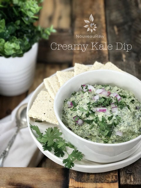 a bowl of raw vegan Creamy Kale Dip served with raw crackers