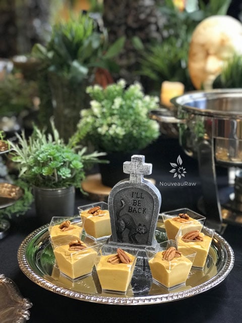 raw vegan Crustless Pumpkin Party Cheesecakes served in sample sizes on a silver tray