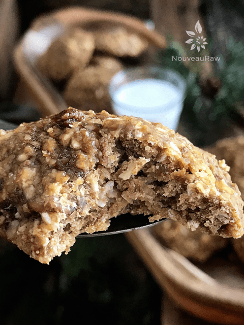 a close up of raw vegan Maple Pecan Oatmeal Cookies served with almond milk