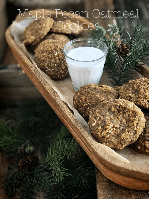 raw vegan Maple Pecan Oatmeal Cookies served with almond milk
