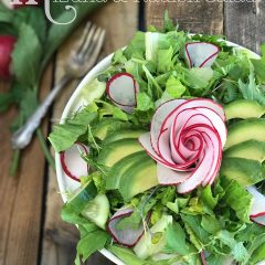 Mizuna and Radish Salad on a wooden table