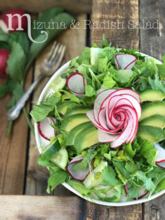 Mizuna and Radish Salad on a wooden table