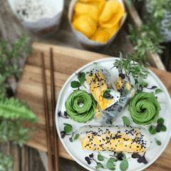 vegan Coconut Jicama Rice and Jackfruit Wraps served with avocado flowers