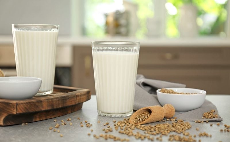 hemp-seed-milk in glasses with hemp seeds on counter