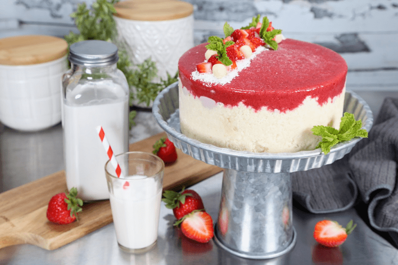 Strawberry-Jam-Cheesecake-served-with-coconut-milk