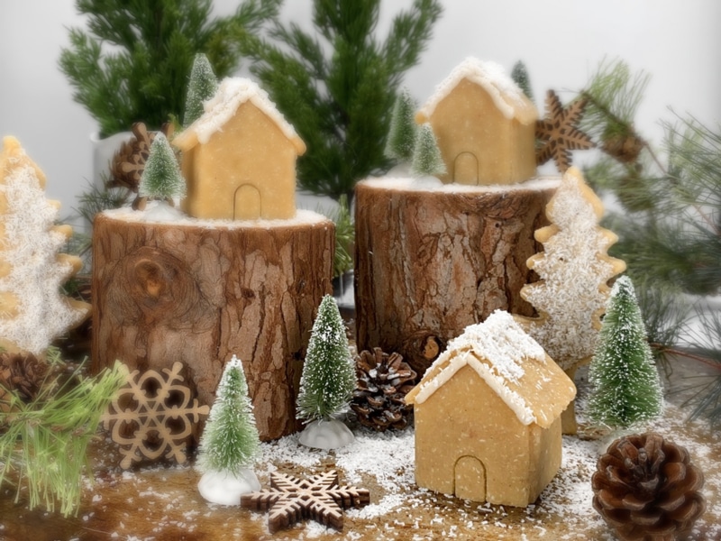 Sugar-Cookie-Tiny-Homes-displayed-on-logs