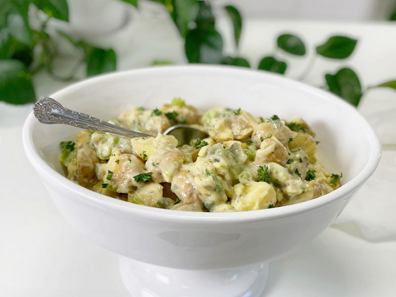 vegan oil-free potato salad in white bowl