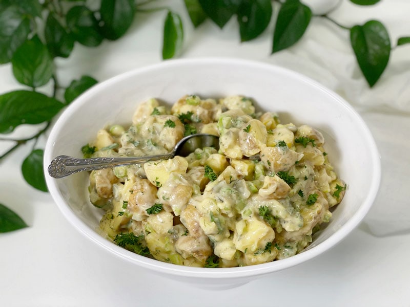 vegan oil-free potato salad in white bowl