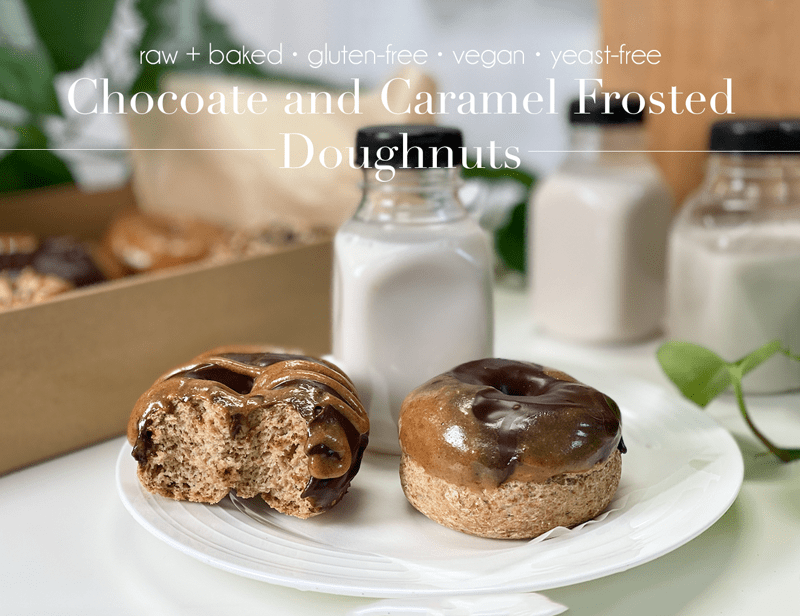 raw and baked vegan gluten-free oil-free yeast-free chocolate and caramel doughnuts